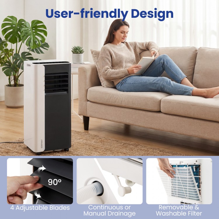 Portable 8000 BTU air conditioner with fan and dehumidifier, featuring adjustable blades and user-friendly design for.