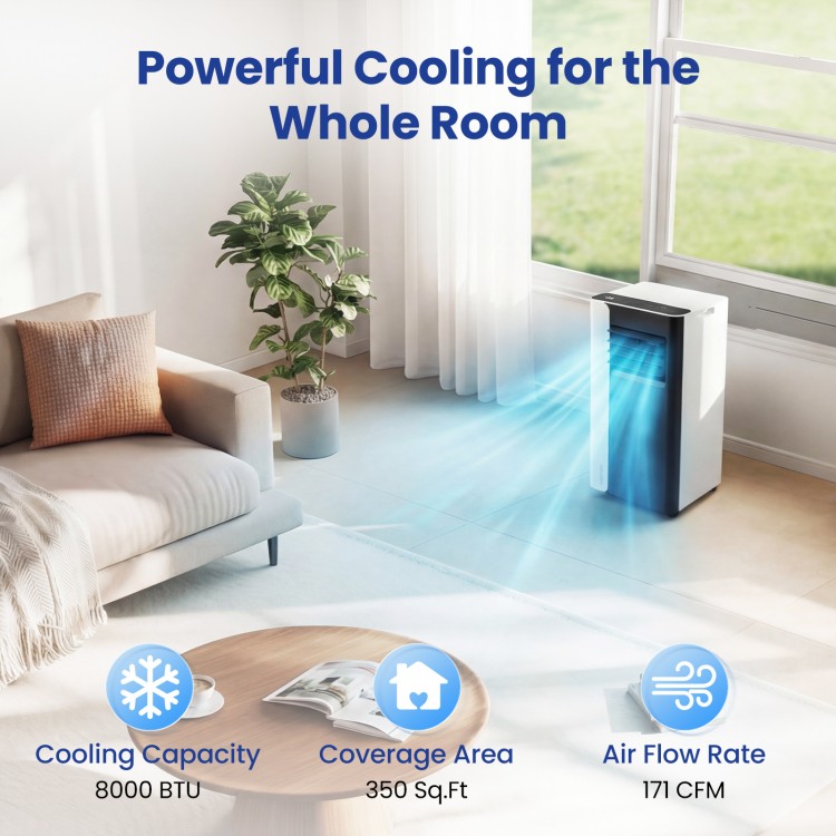 Portable 8000 BTU air conditioner in a living room, featuring cooling, fan, and dehumidifier modes for versatile.
