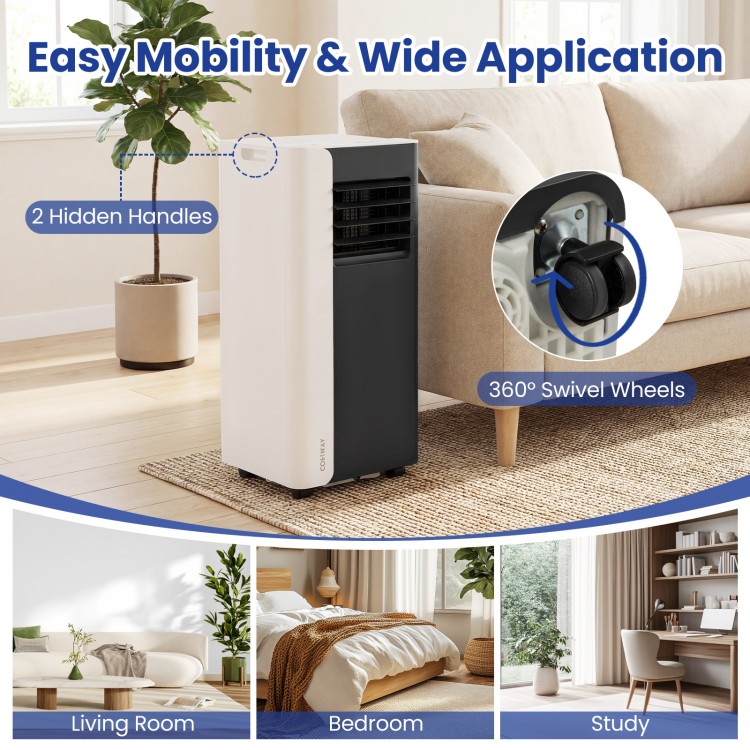 Portable 8000 BTU air conditioner with fan and dehumidifier, featuring 360° swivel wheels for easy mobility in any room.