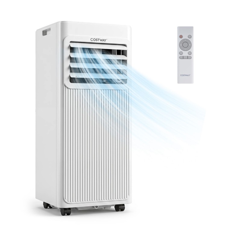 Portable 8000 BTU air conditioner with remote control, 3-in-1 functionality, and adjustable airflow for efficient cooling.