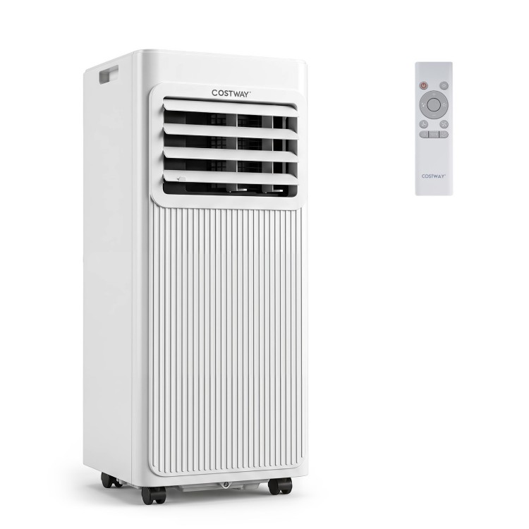 Portable 8000 BTU air conditioner with remote control, 3-in-1 functionality, and 24H timer for efficient cooling in small spaces.