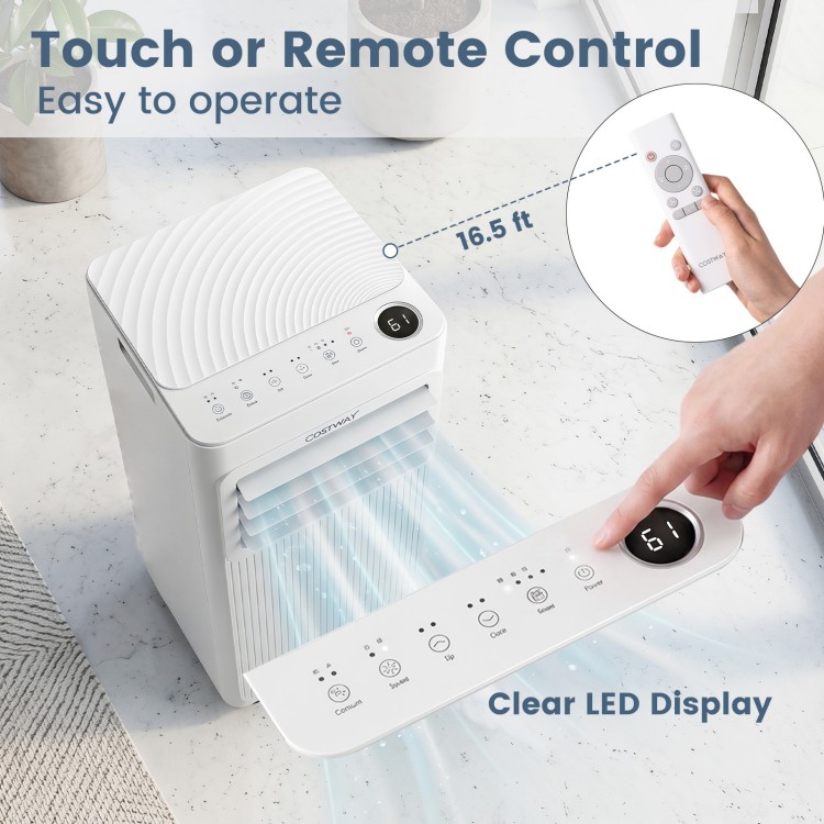 Portable air conditioner with remote control, 8000 BTU cooling capacity, and sleep mode for efficient bedroom use.