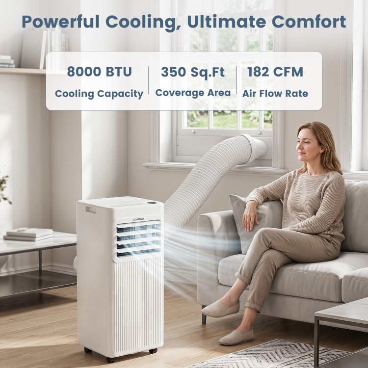 Portable 8000 BTU air conditioner with remote control, cooling up to 350 sq. ft., ideal for bedrooms and apartments.
