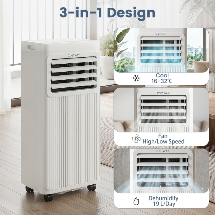 Portable air conditioner with 8000 BTU cooling, 3-in-1 design, remote control, and sleep mode for efficient comfort.