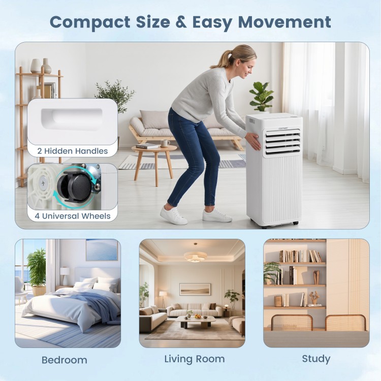 Portable air conditioner with 8000 BTU, compact design, remote control, and wheels for easy movement in small spaces.