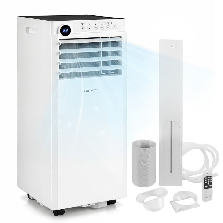 Portable 8000 BTU air conditioner in white with remote control, 4 modes, and 24H timer for efficient cooling in various spaces.
