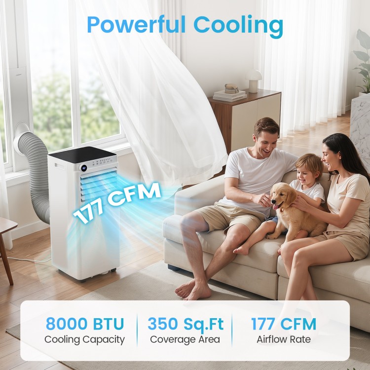8000 BTU portable air conditioner with dehumidifier, remote control, and 177 CFM airflow for efficient cooling in any room.