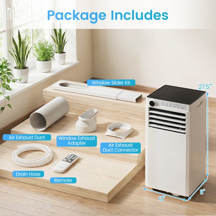 8000 BTU portable air conditioner with remote, window kit, and exhaust duct for efficient cooling in various spaces.