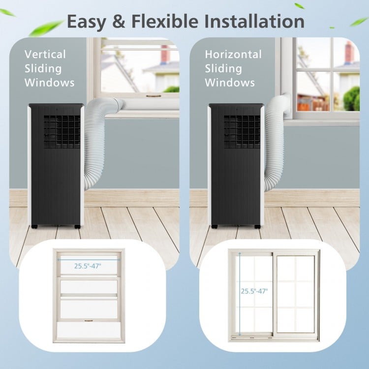 Portable air conditioner installation options for vertical and horizontal sliding windows, featuring a sleek black.