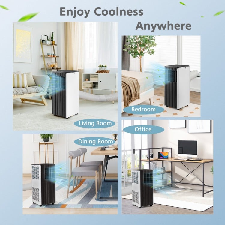 Portable air conditioner in black and white, featuring dual control and sleep mode, ideal for cooling any room.