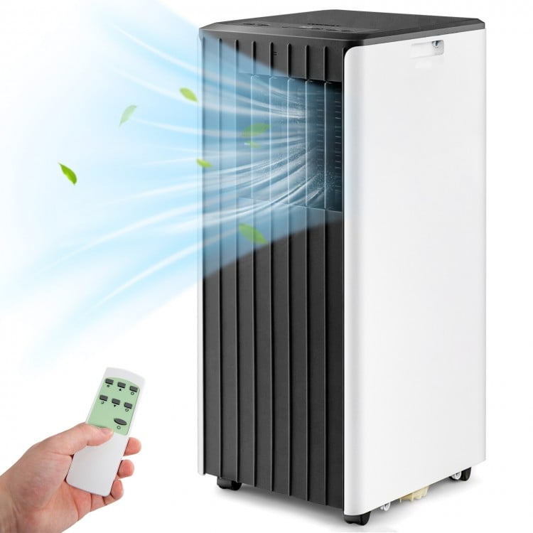 Portable air conditioner in black and white with remote control, featuring cooling, humidifier, and sleep mode.
