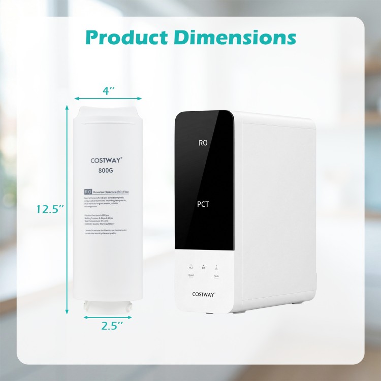 Dimensions of the 800 GPD replacement RO filter, compatible with AW-RB20/AW-RB05 under-sink systems for high flow rate.