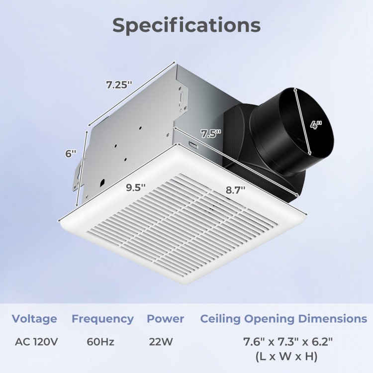 Bathroom exhaust fan specifications showing dimensions, metal housing, and duct size for efficient ventilation.