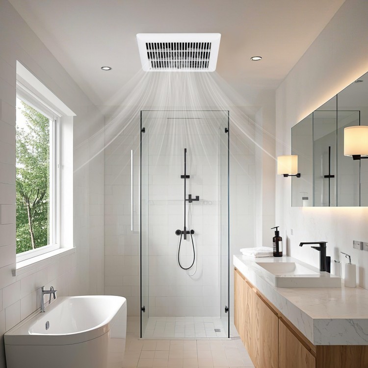Bathroom featuring an 80 CFM exhaust fan with metal housing, designed for efficient ventilation in a stylish setting.