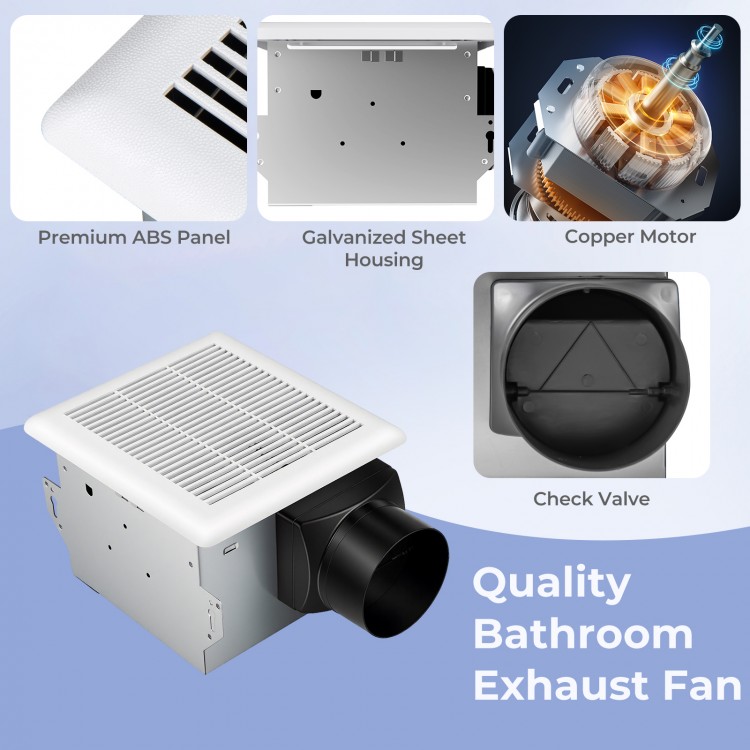 Quality bathroom exhaust fan with galvanized sheet housing, 80 CFM airflow, and advanced check valve for efficient.
