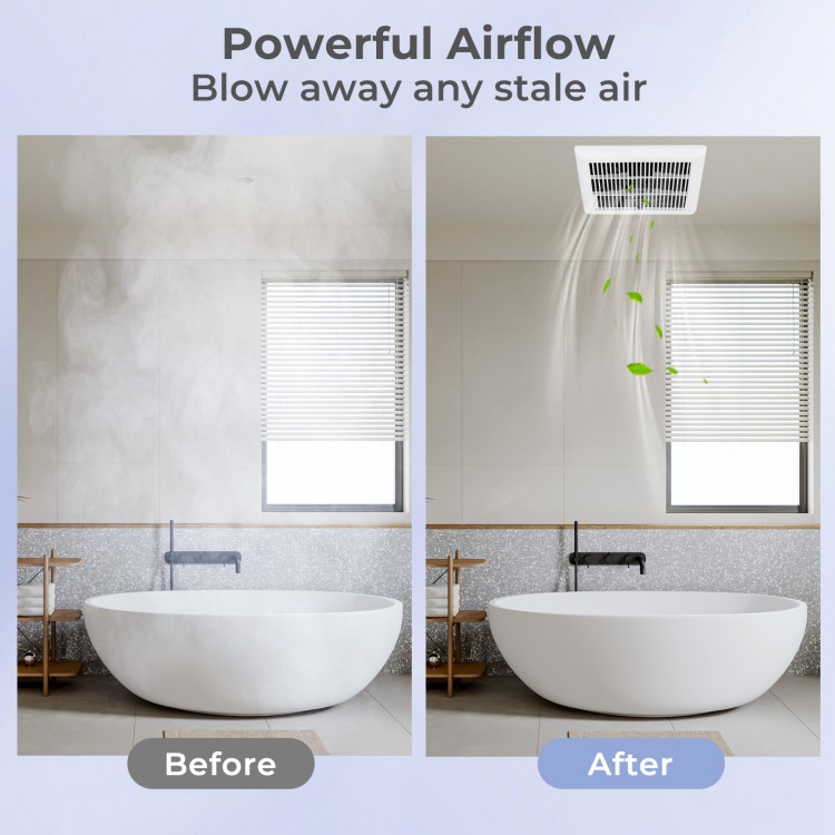 Ceiling mount bathroom exhaust fan showing powerful airflow before and after installation, designed for rooms up to 90.