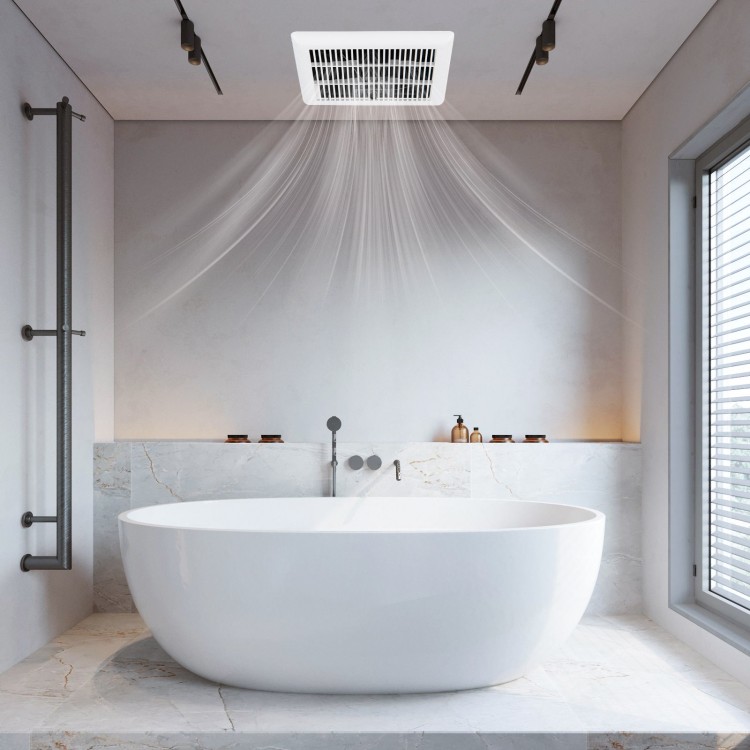 Ceiling mount bathroom exhaust fan with metal housing, 80 CFM airflow, designed for quiet operation in small spaces.