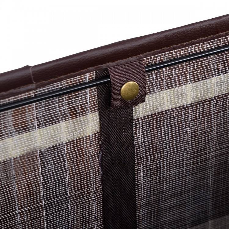 Close-up of the brown bamboo laundry hamper lid featuring a PU leather handle and breathable liner for odor control.