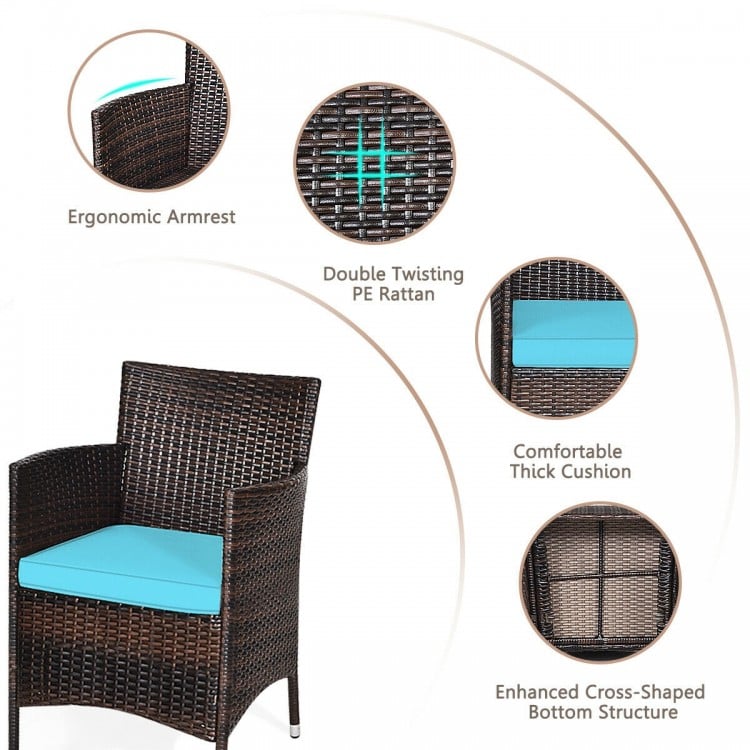 Close-up of a rattan chair with ergonomic armrest and blue cushion, part of a 3-piece outdoor wicker furniture set.