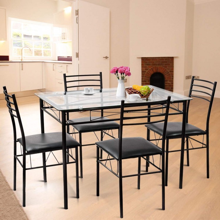 5-piece dining set featuring a tempered glass top table and 4 upholstered chairs, ideal for kitchens and dining rooms.