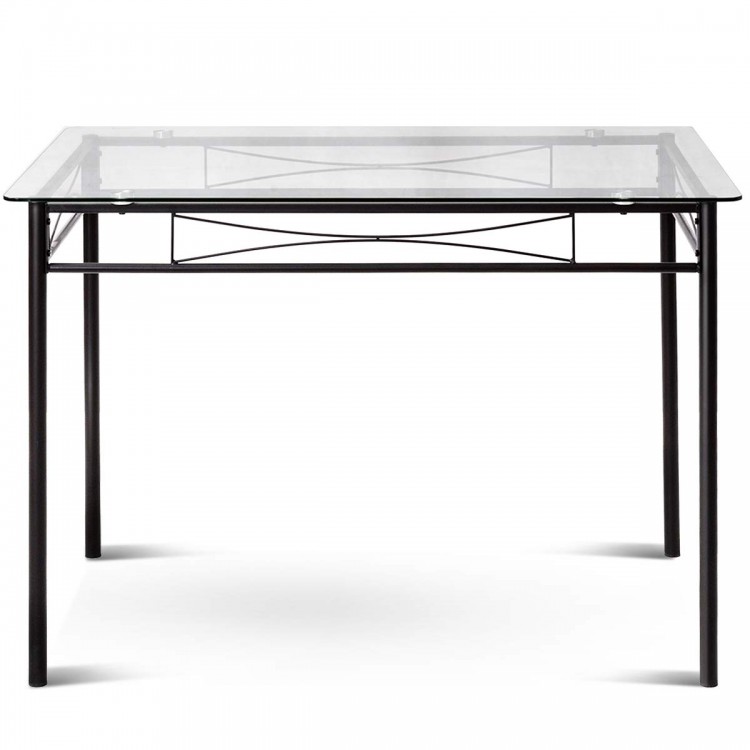 Square dining table with tempered glass top and metal frame, perfect for kitchens or dining rooms.