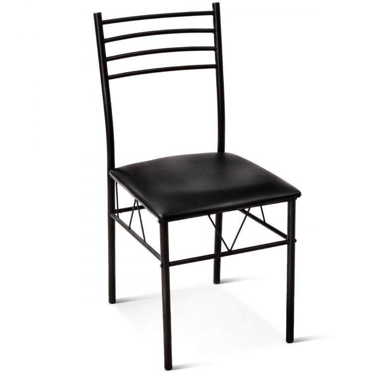 Black upholstered dining chair with metal frame, ergonomic design for comfort, part of a 5-piece dining set.