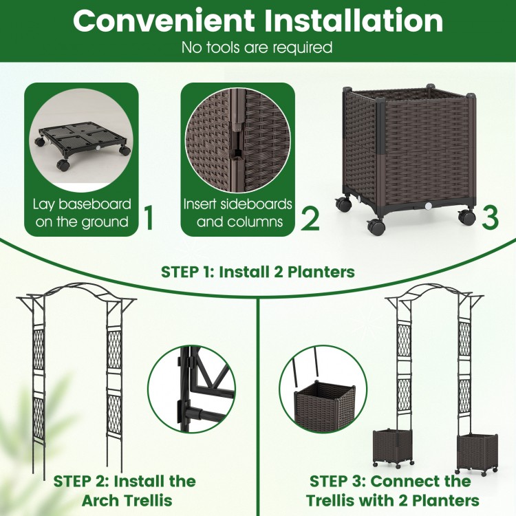 Garden arch trellis with two self-watering planter boxes, black, featuring wheels for easy movement and installation.