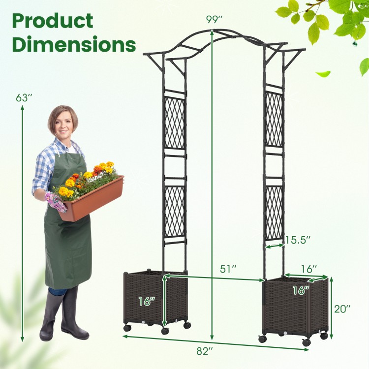 Garden arch trellis with self-watering planter boxes, 82 x 99 inches, black, ideal for climbing plants and easy.