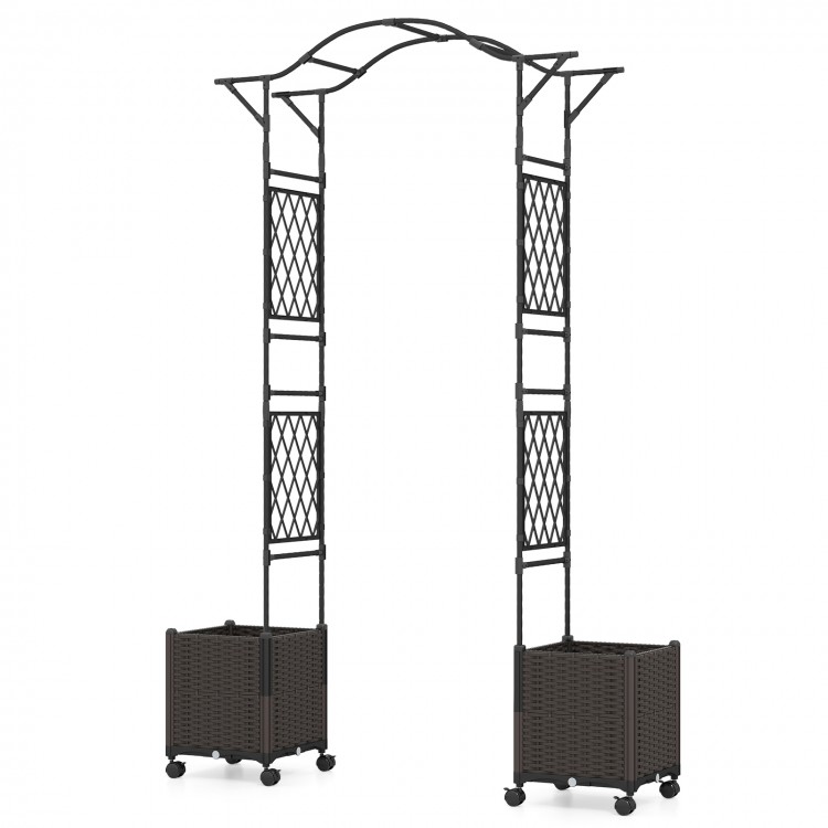 Garden arch trellis with two black self-watering planter boxes on wheels, ideal for climbing plants and outdoor decor.