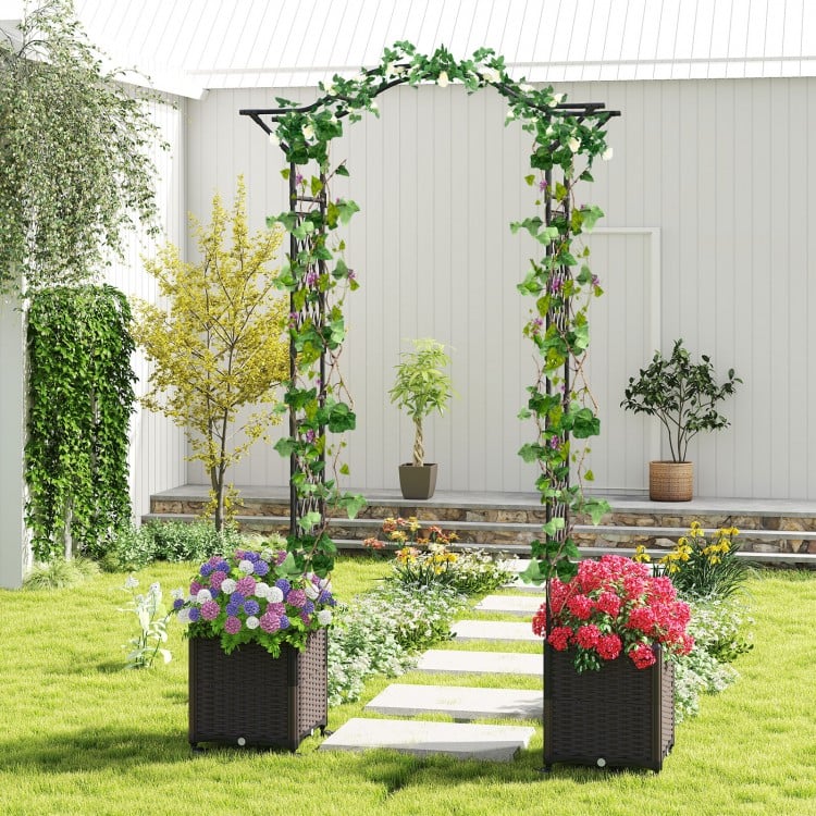 Garden arch trellis with self-watering planter boxes, ideal for climbing plants, featuring a black PE-coated metal.
