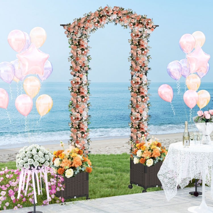 Garden arch trellis with floral decoration and self-watering planter boxes, ideal for weddings and outdoor events.
