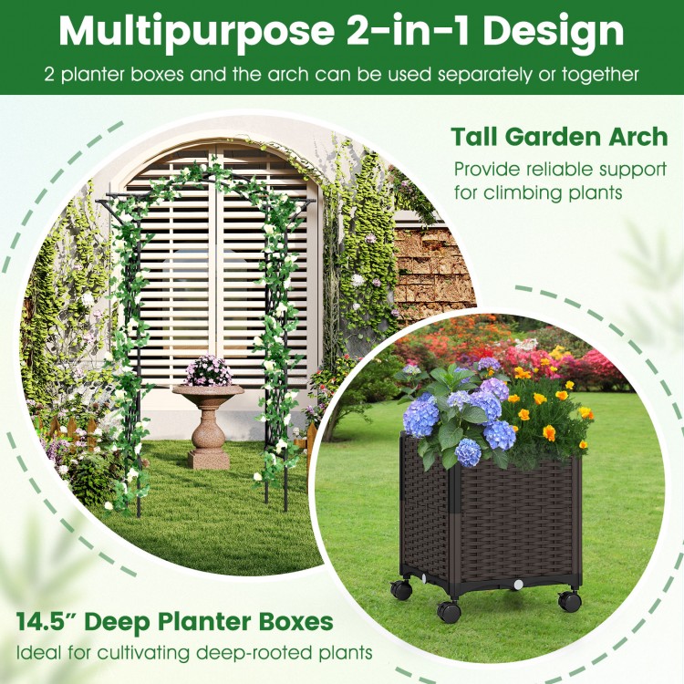 Garden arch trellis with two self-watering planter boxes, ideal for deep-rooted plants, perfect for climbing support.