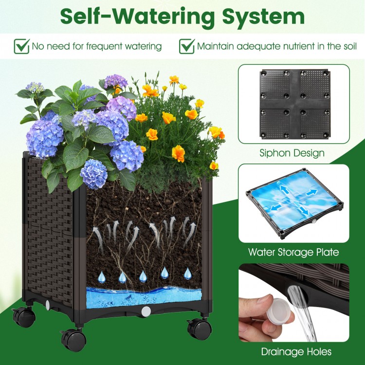 Self-watering planter box with vibrant flowers, featuring drainage holes and wheels for easy movement in the garden.