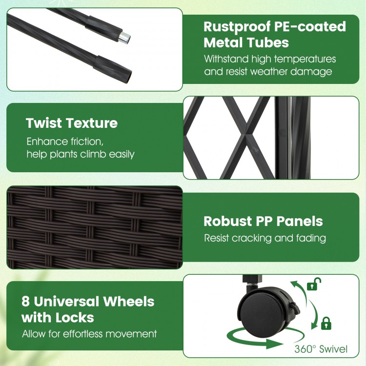 Garden arch trellis with 2 self-watering planter boxes, black PE-coated metal, and 360° swivel wheels for easy movement.