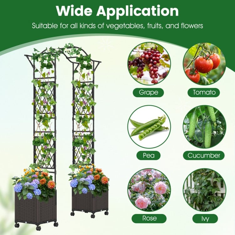 Garden arch trellis with two self-watering planter boxes, ideal for growing vegetables and flowers, featuring wheels.