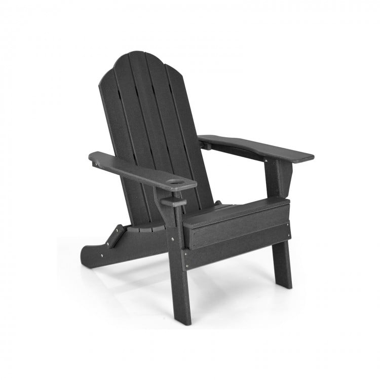 Black foldable patio chair with built-in cup holder, made from weather-resistant PE material, ideal for outdoor.