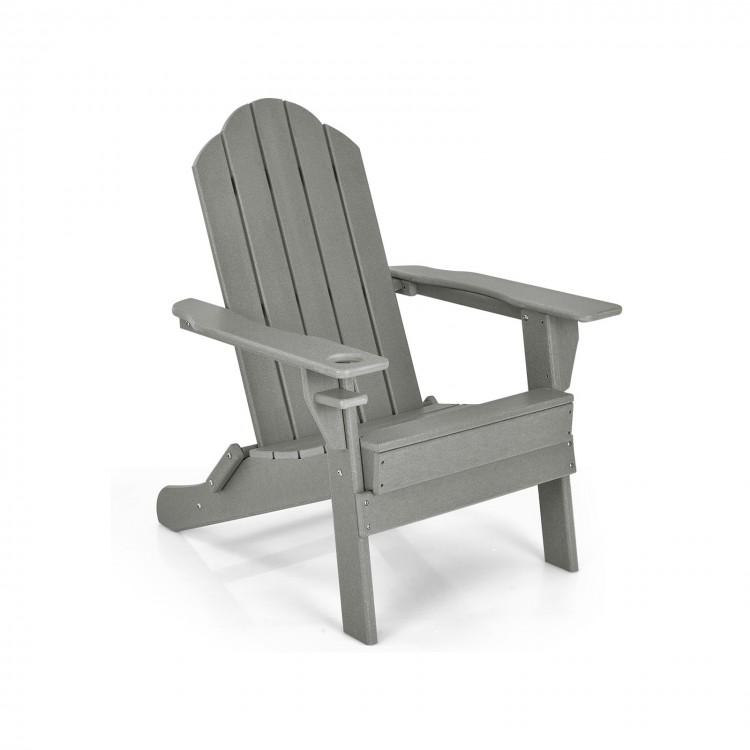 Gray foldable patio chair with built-in cup holder, made from fade-resistant PE material, perfect for outdoor.