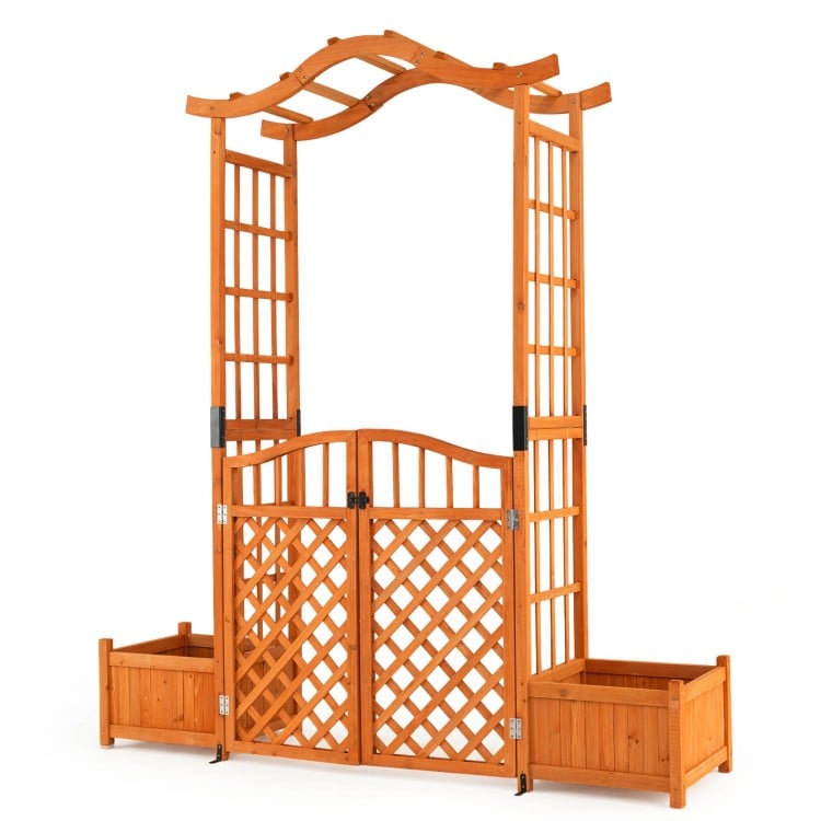 Garden arbor with a lockable gate, featuring a charming curved roof and two deep planter boxes for vibrant flowers.
