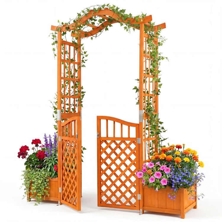Garden arbor with gate and two planter boxes in rustic fir wood, perfect for climbing plants and outdoor decorations.