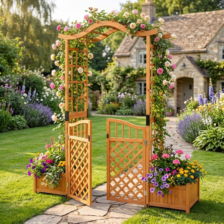 Garden arbor with gate and two planter boxes in rustic fir wood, featuring trellises for climbing plants and vibrant.