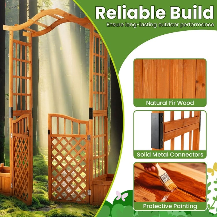 Garden arbor with gate, made of fir wood, featuring planter boxes and trellises for climbing plants, ideal for outdoor.