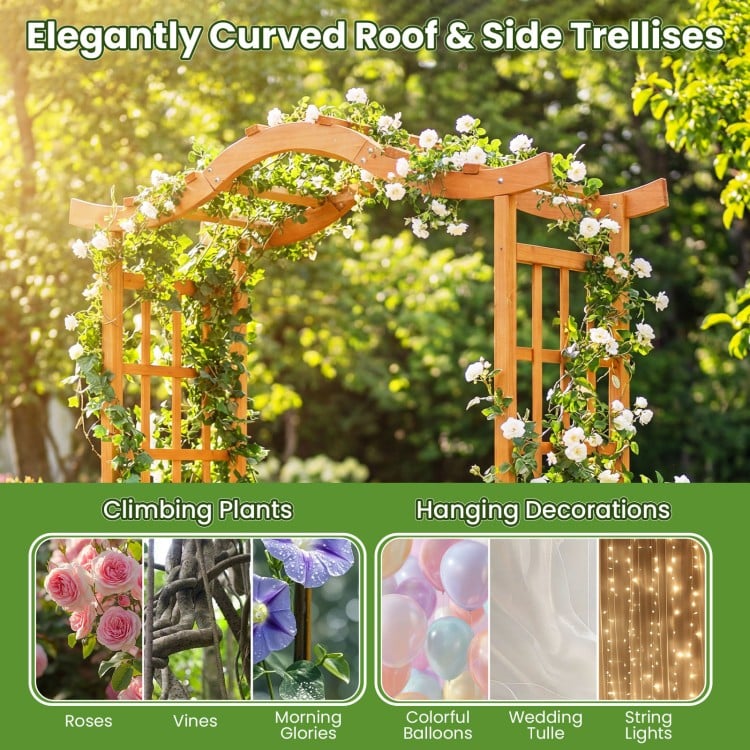 83" garden arbor with elegantly curved roof, fir wood construction, and detachable planter boxes for climbing plants.