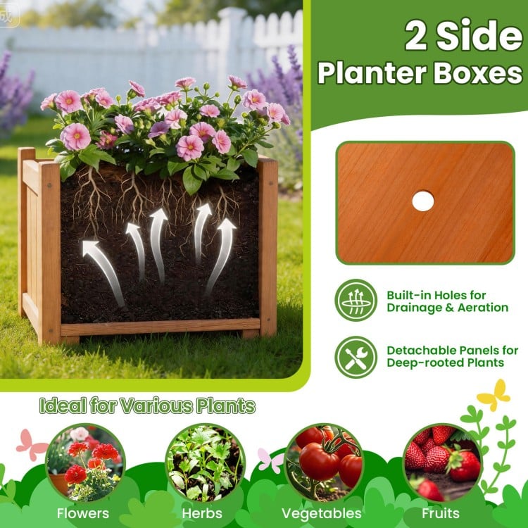 Two side planter boxes made of fir wood with drainage holes, ideal for flowers and herbs in a garden setting.