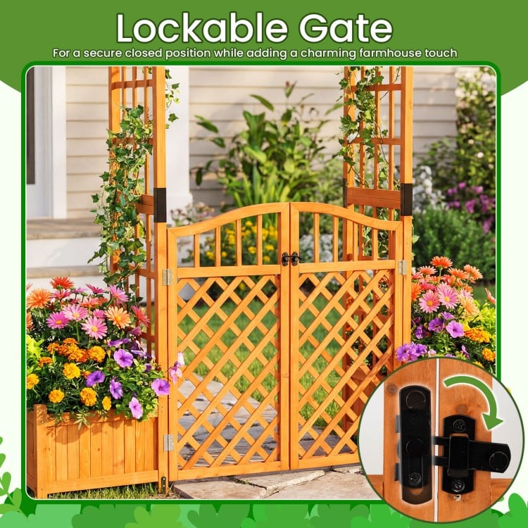 Garden arbor with lockable gate and two planter boxes in yellow, featuring rustic fir wood and elegant trellises for.