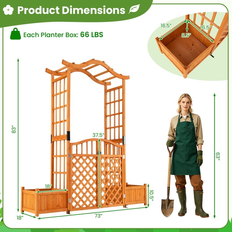 83" garden arbor with gate and two planter boxes in yellow, featuring fir wood construction and elegant curved roof for.