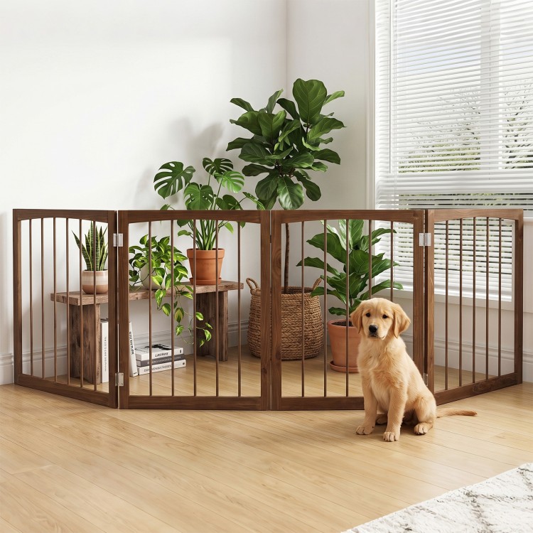 Four-panel brown wooden dog gate, 83 inches wide, ideal for indoor pet containment and temporary room division.
