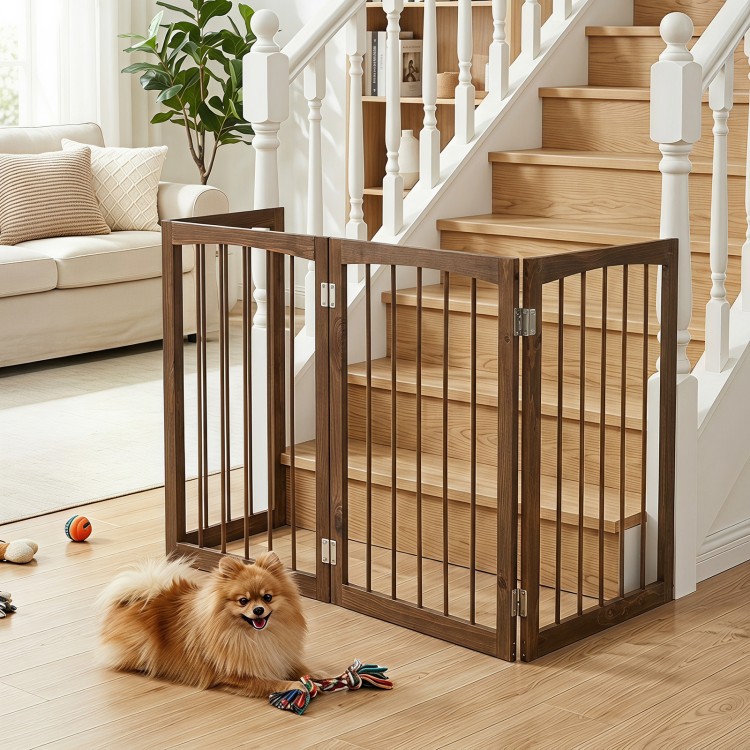 Freestanding 4-panel wooden dog gate in brown, perfect for indoor use and flexible pet containment.