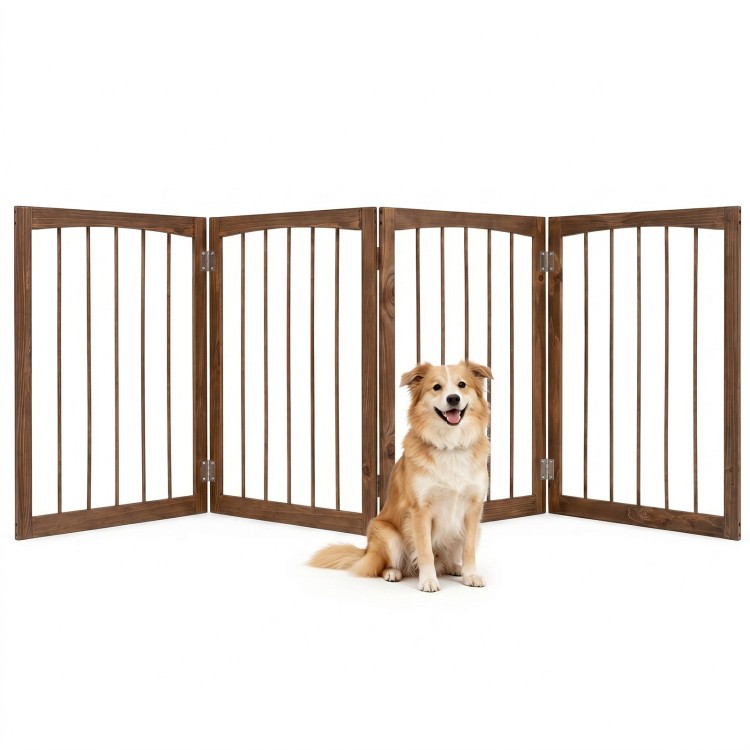 4-panel wooden dog gate in brown, 83 inches long, ideal for indoor pet containment and flexible room division.