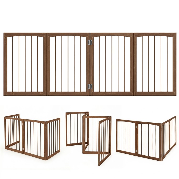 Wooden pet fence with four panels in brown, featuring a freestanding design for versatile indoor pet containment and protection.