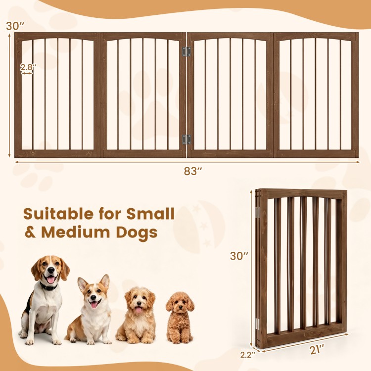 4-panel wooden dog gate measuring 83 inches wide and 30 inches high, ideal for small and medium dogs indoors.